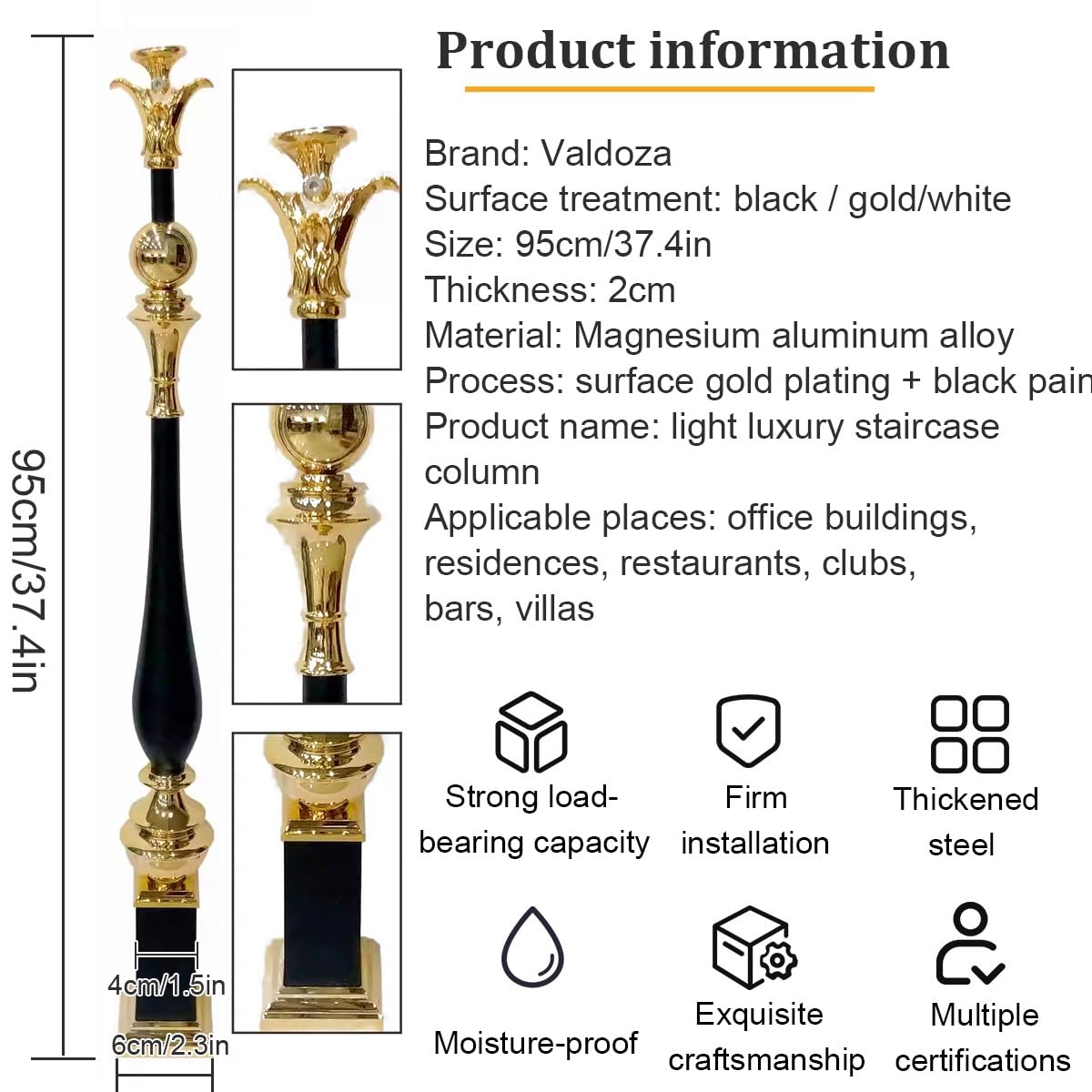 Metal Balusters Spindle for Stairway, Stair Railing Column - Durable Magnesium Aluminum Alloy for Staircases, Elegant Black and Gold Finish, Decorative and Supportive Post for Indoor Stairs(Black,10pc