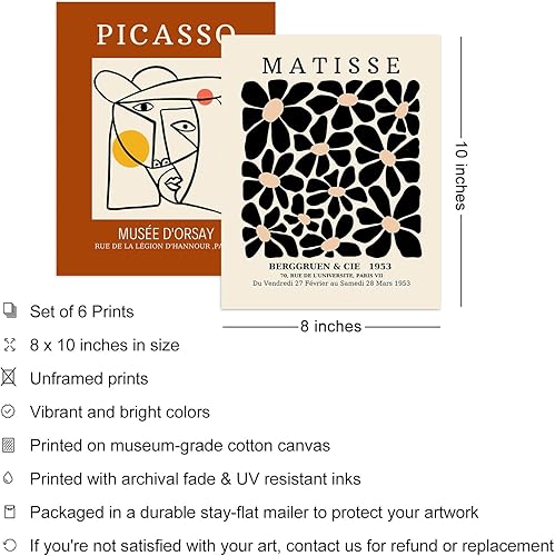 Miniatura 2 de Iknostine Juego de 6 impresiones artísticas de pared de artistas famosos Matisse abstractos, lienzos estéticos de Picasso, pinturas retro para