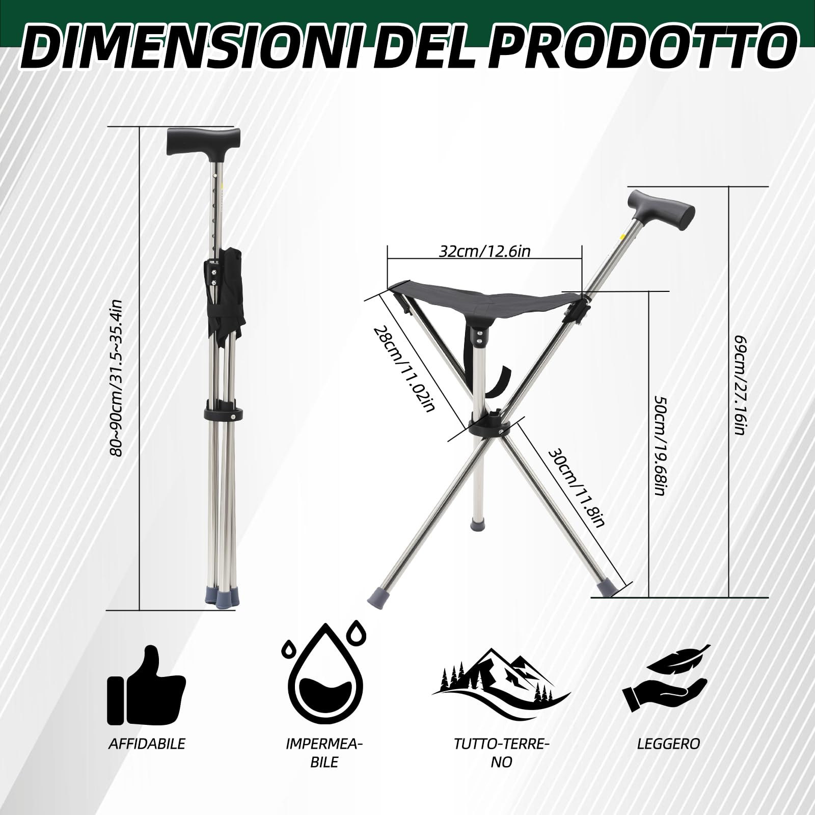 Bastone da passeggio con supporto, 80-90 cm, pieghevole e regolabile in altezza, base in silicone antiscivolo, portata fino a 150 kg, per anziani 140-190 cm (nero)