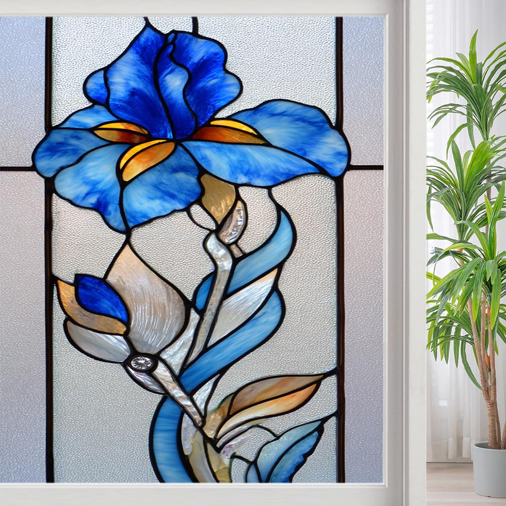 Dreamy Iris Floral Frosted Window Film, Retro Natural Flower Stained Glass Privacy Film, Heat Insulation Self-Adhesive Vinyl for Bathroom Office, （50x90cm）