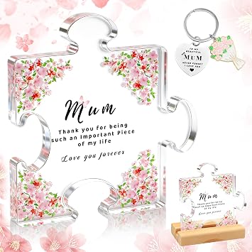 ZOCONE Mum Acrylic Block Puzzle for Mother's Day Birthdays Christmas Romantic and Moving Mum Jigsaw Piece Gift with Wooden Base Keyring Acrylic Plaque Mom Heartfelt Phrases