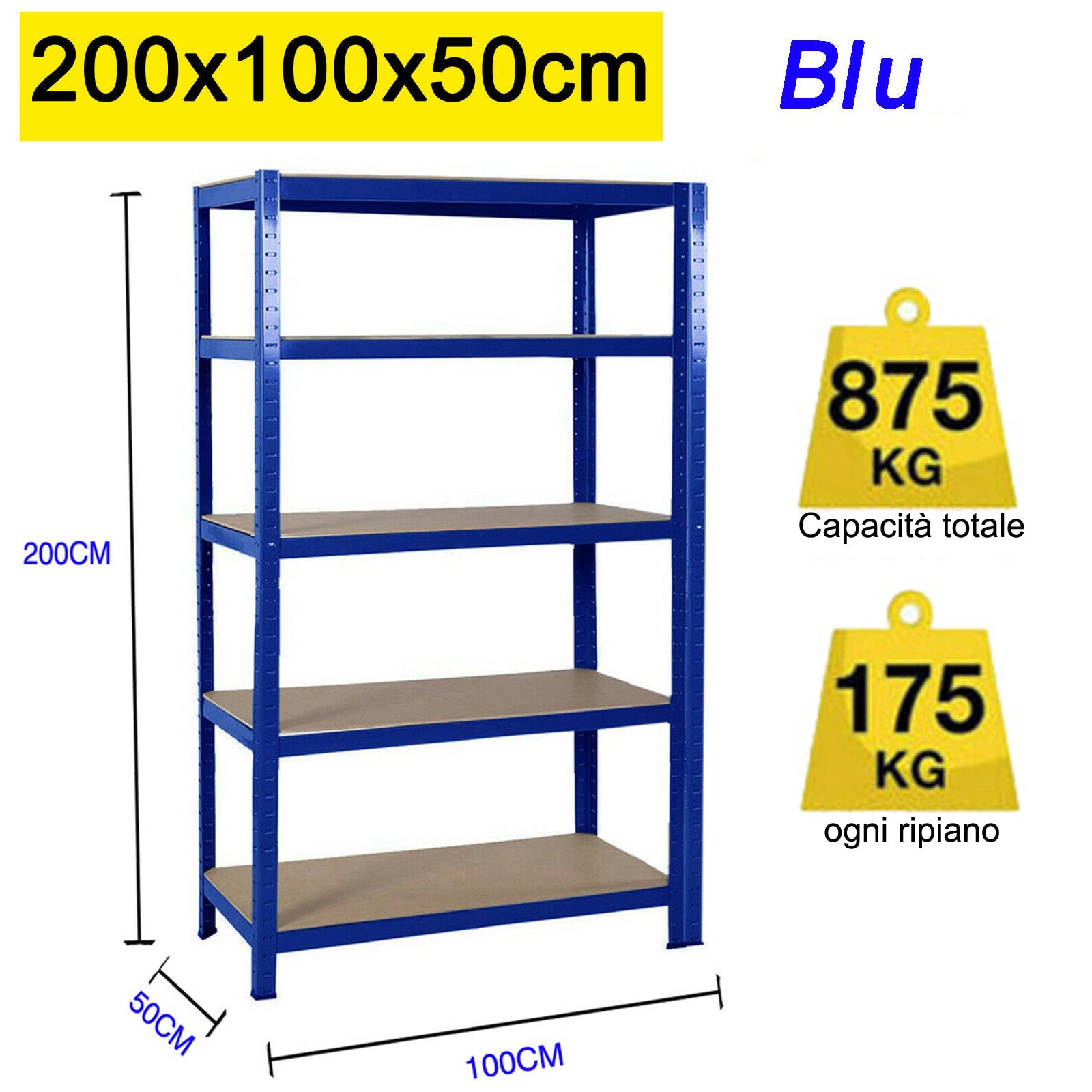Scaffalatura Garage 200cm x 100cm x 50cm, Scaffalatura metallo Robusto Scaffalatura a 5 Ripiani, Facile da Montare, Portata 875 kg, Colore: Blu