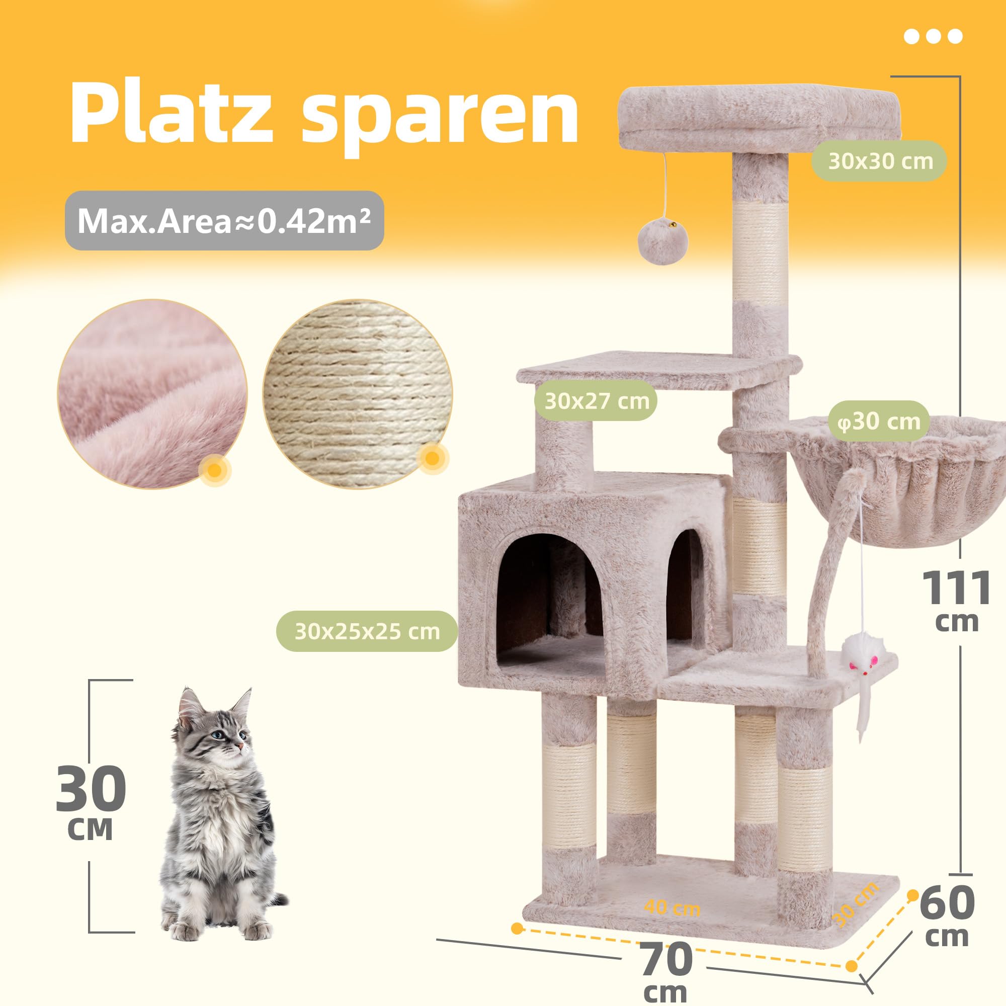 Hey-brother Árbol rascador para gatos de 111 cm con juguete, rascador con plataforma, hamaca y troncos de sisal, marrón beige EMPJ004SMU-N