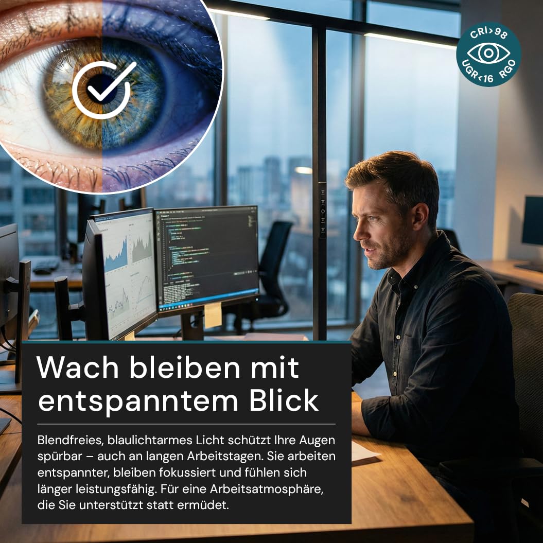 LUXULA Büro Stehleuchte LED Up/Down - Stehlampe Büro für Schreibtisch Homeoffice, dimmbar per Touch - 90W 5000lm, 4000K Neutralweiß, UGR<16 blendarm, CRI 98 farbtreu, Automatikdimmung, Schwarz