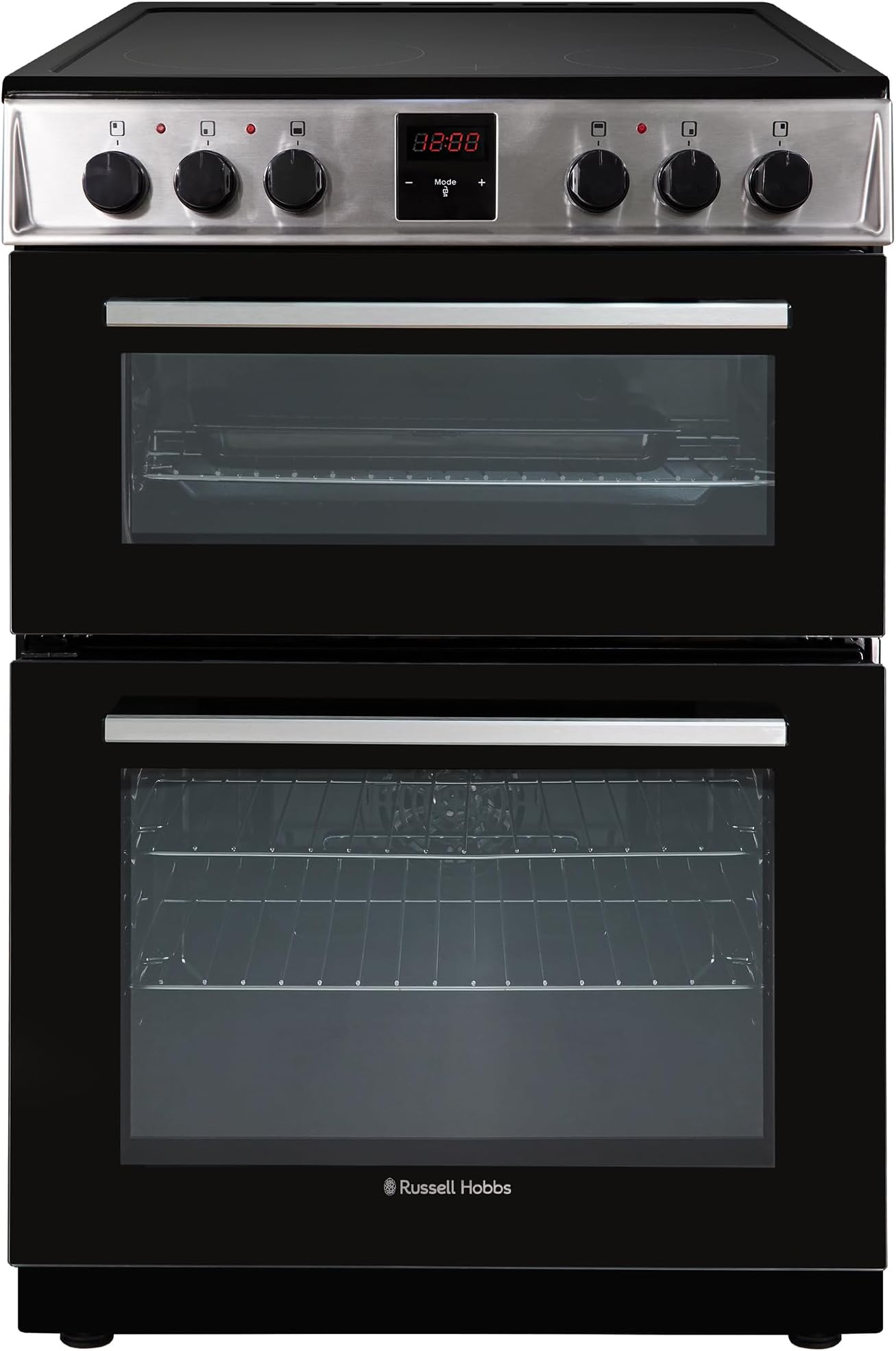 Russell Hobbs Electric Cooker 3 in 1 68L/37L Split Stainless Steel Double Oven with 3 Shelves, Full-Size Grill Pan, 4 Zone Ceramic Hob, Energy Efficient, Up to 2 Years Guarantee, RH60EDOEH6011SS