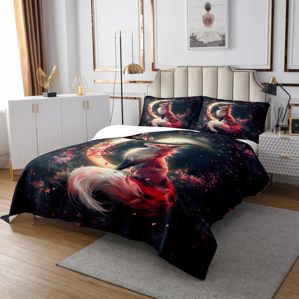 Exotic Fox Quilts Set for Kids Boys,Traditional Japanese Cherry Blossom 2Pcs Bedspread Coverlet Set,Boho Wildlife Bed Cover Set,Gothic Moon Sky Bedspread Coverlet with 1 Pillowshams (Twin Size)