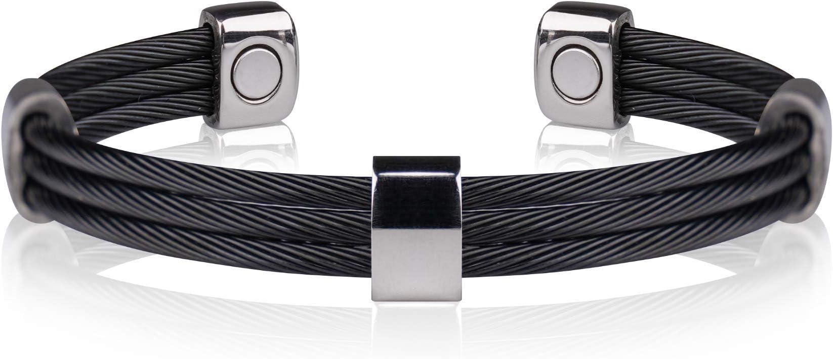 OF LONDON Magnetic Bangle, Sport Bracelet Black covered Stainless Steel twists, Stainless Steel ends and links contain a 1200 Gauss Samarium Cobalt Magnet each, S/M = to fit wrist 16,5-17,5 cm