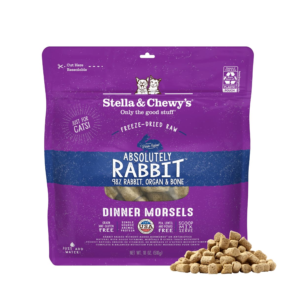 Stella & Chewy's Comida para gatos sin cereales y sin cereales, absolutamente conejo, liofilizada, bolsa de 18 onzas