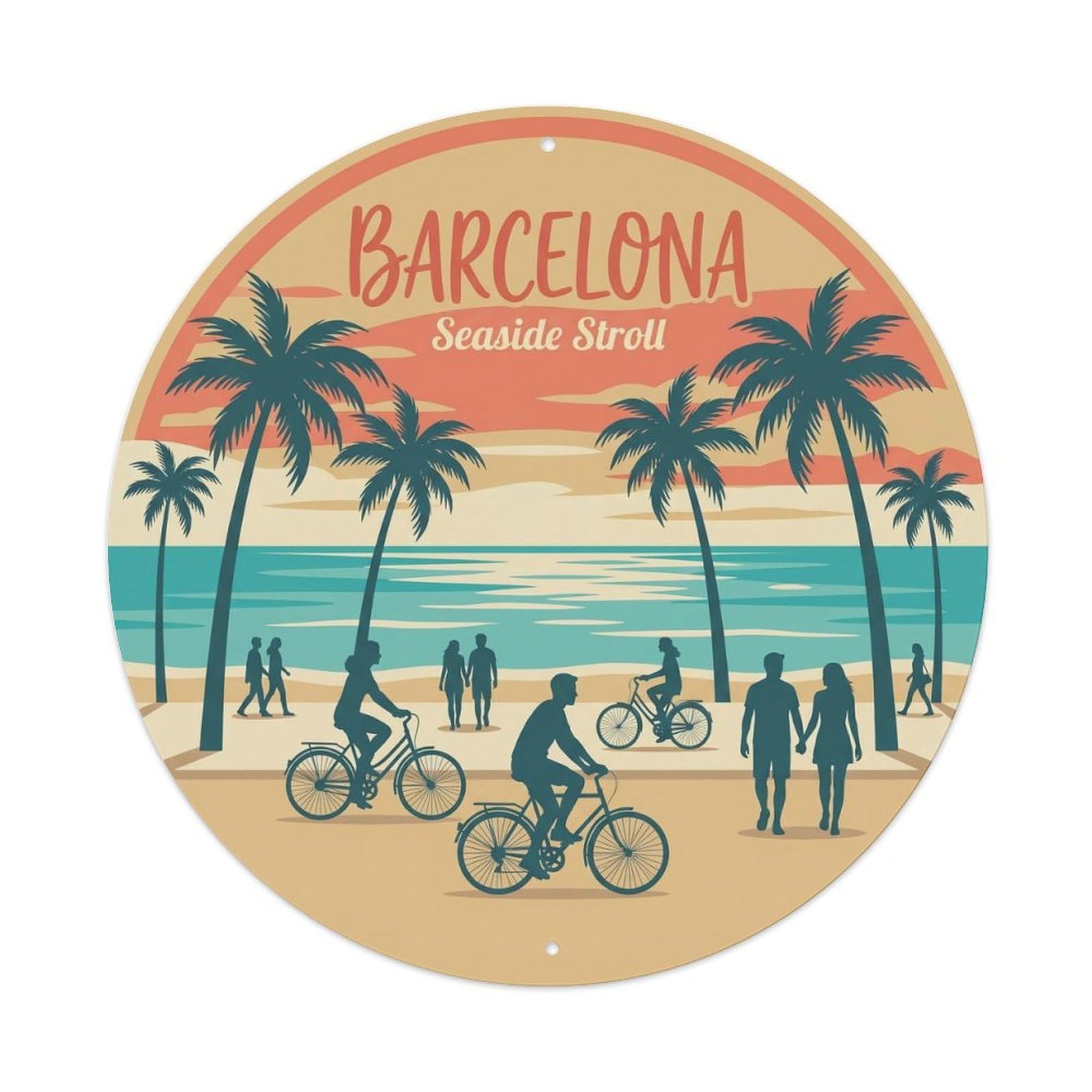 Vintage Travel Barcelona Promenade Seaside Walk Metal Tin Sign Plaque Wall Decor for Cafe, Club, Garden Round Metal Poster 8x8Inch