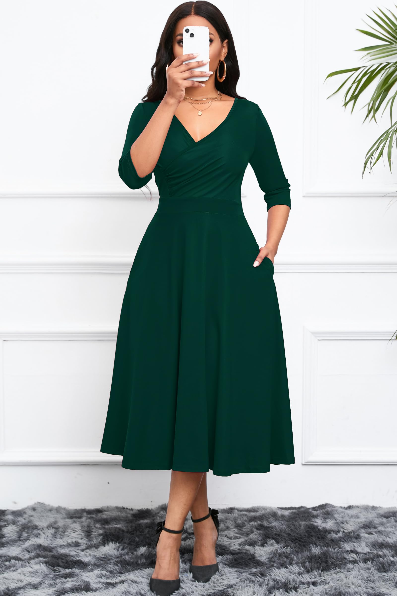 Nmoder Women's Casual Wrap Flared Midi Dress Wedding Guest Cocktail Tea Dresses A-Line Swing V-Neck 3/4 Sleeve