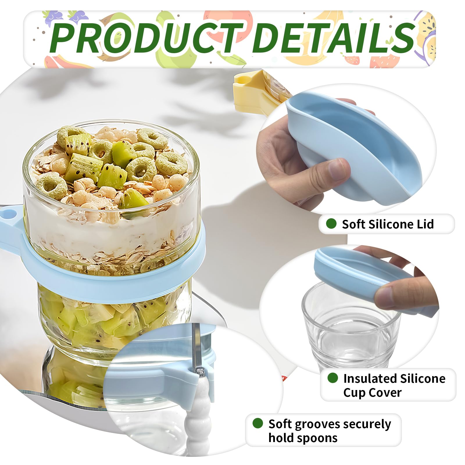 Overnight Oats Jar 2 Pezzi, Contenitori Vetro per Alimenti con Coperchio e Cucchiaio, 440ml Meal Prep Contenitore Vasetti per Yogurt Riutilizzabile, per Avena, Vasetti per Budini, Insalate, Marmellate