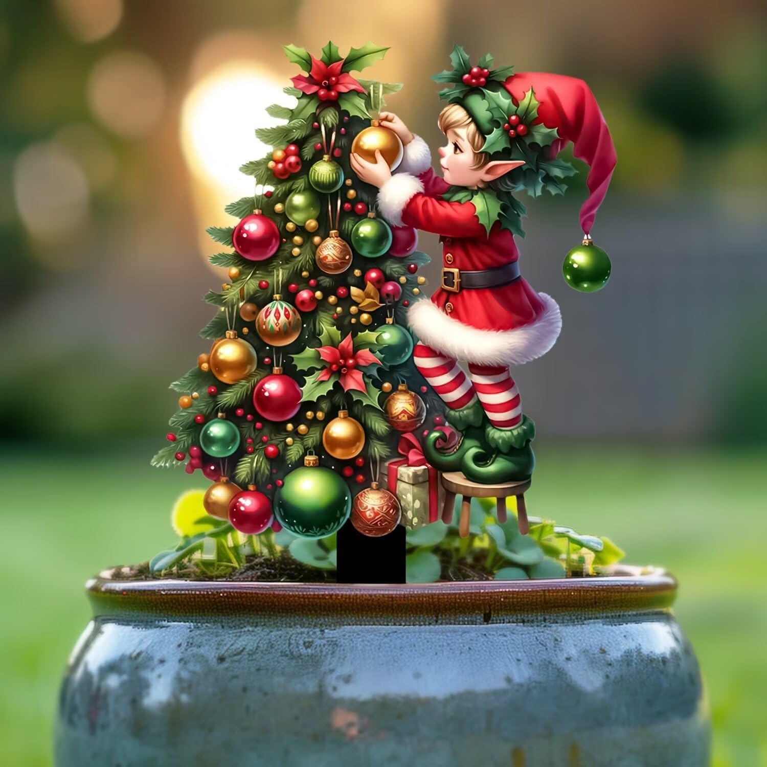 2D Acrylic Christmas Children and Christmas Tree Garden Stake Indoor and Outdoor Garden Acrylic Decoration Suitable for Courtyards and Lawn Flower Pots and Landscape Beautification