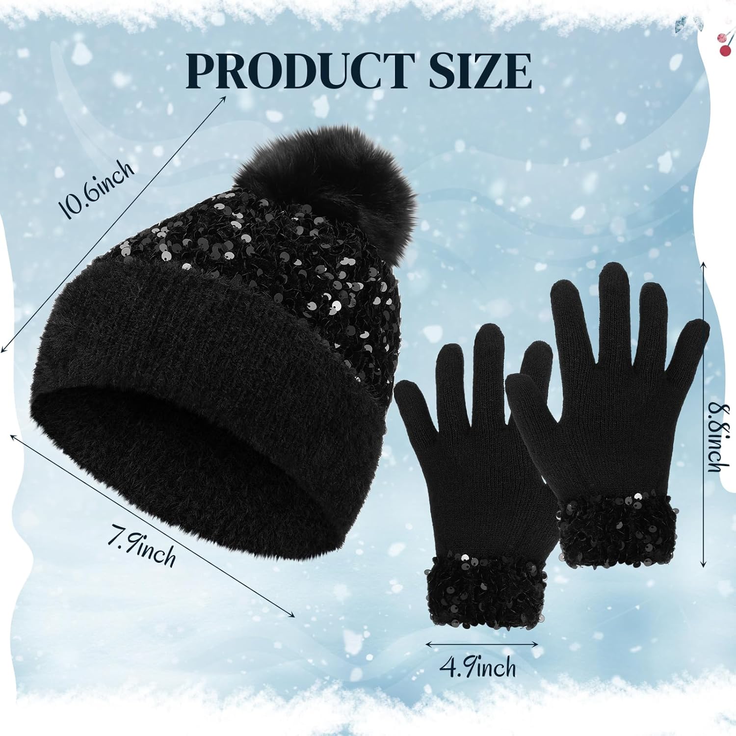 Winter Beanie Hat Gloves Set Furry Hat with Yarn Pom Warm Skull Cap Soft Gloves for Women - Image 2