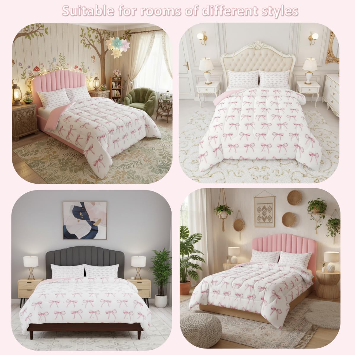 Erosebridal Pink Bowknot Kids Comforter Set Queen,Cartoon Bow Tie Comforter for Girls Butterfly Knot Princess Bedding Set,Girly Watercolor Bow Duvet Insert Patchwork Stars White Pink Room Decor