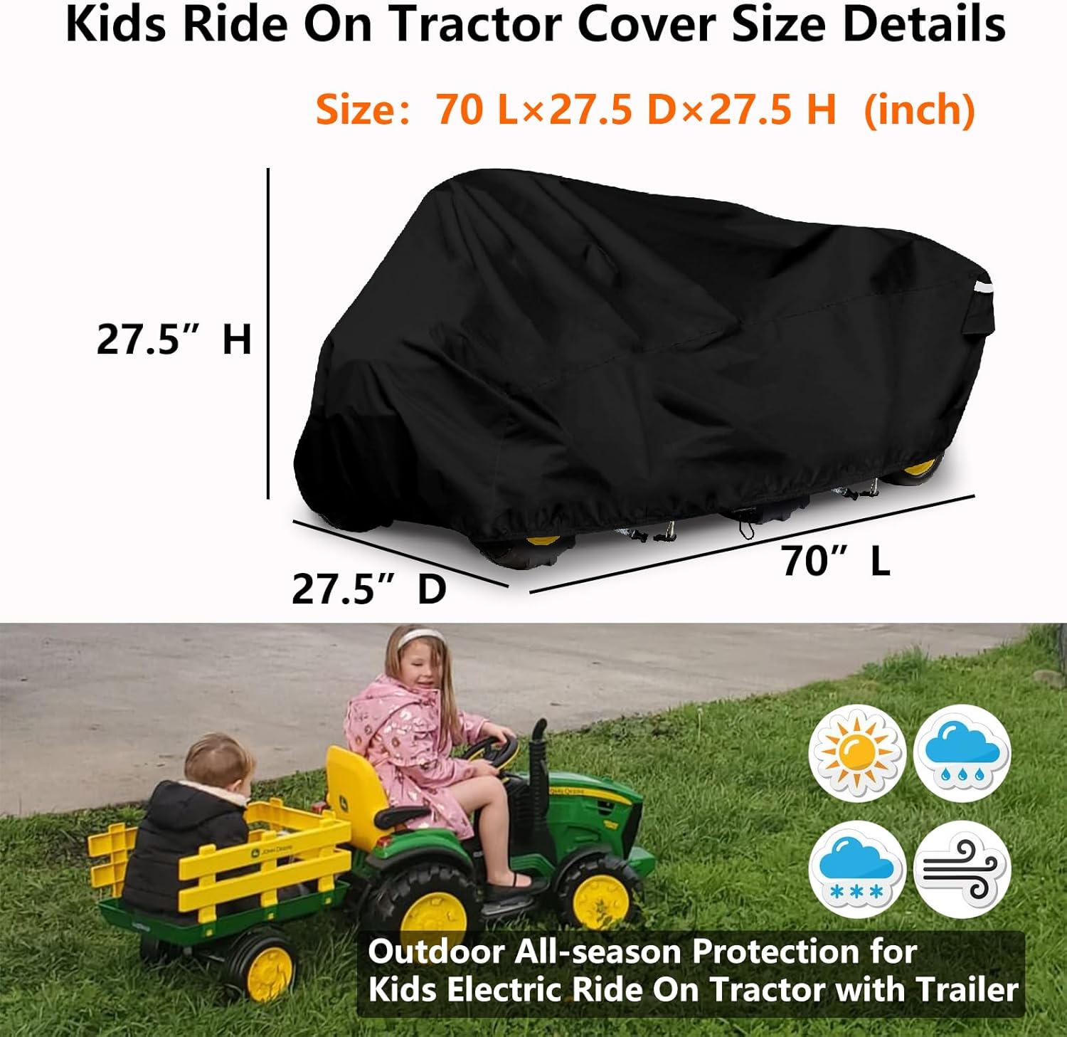 Kids Ride On Tractor Cover Power Wheels Covers Kids Ride On Toy Car cover for Tractor with Trailer, Outdoor Waterproof UV Resistant Fade Resistant All Season Protective, Black