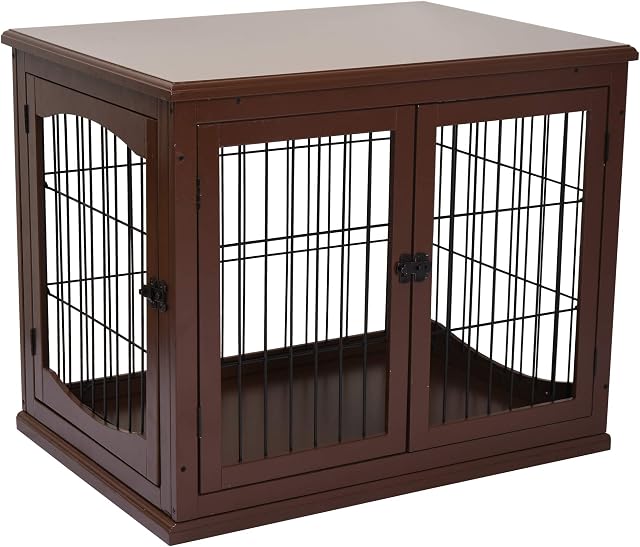 PawHut Dog Crate, Furniture Style Puppy Cage End Table, Pet Kennel House with 3 Doors for Small Dog, Brown 81 x 58.5 x 66 cm