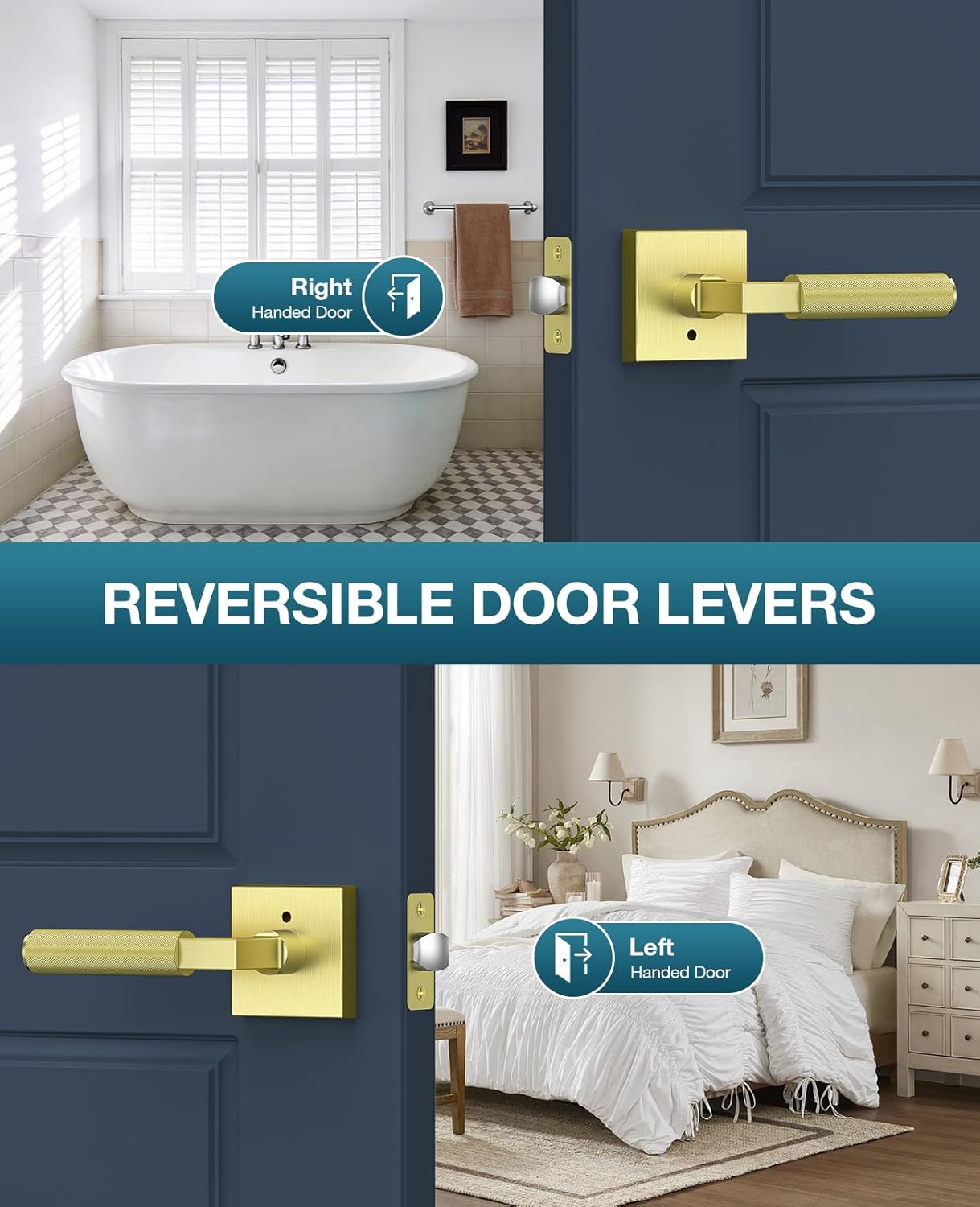 Gold Door Handle, Gold Door Locks for Bedroom or Bathroom, Heavy Duty Door Handles Interior with Locks for Left & Right Handed Doors, 4 Pack