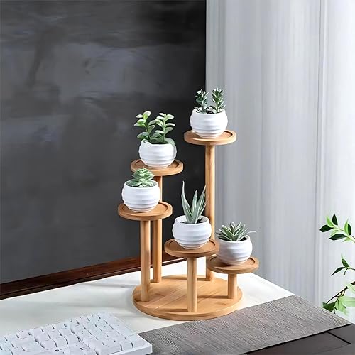 Miniatura 4 de Soporte de escritorio de 5 niveles para plantas, estante redondo de bambú para plantas, soporte de mesa para suculentas, soporte para plantas de