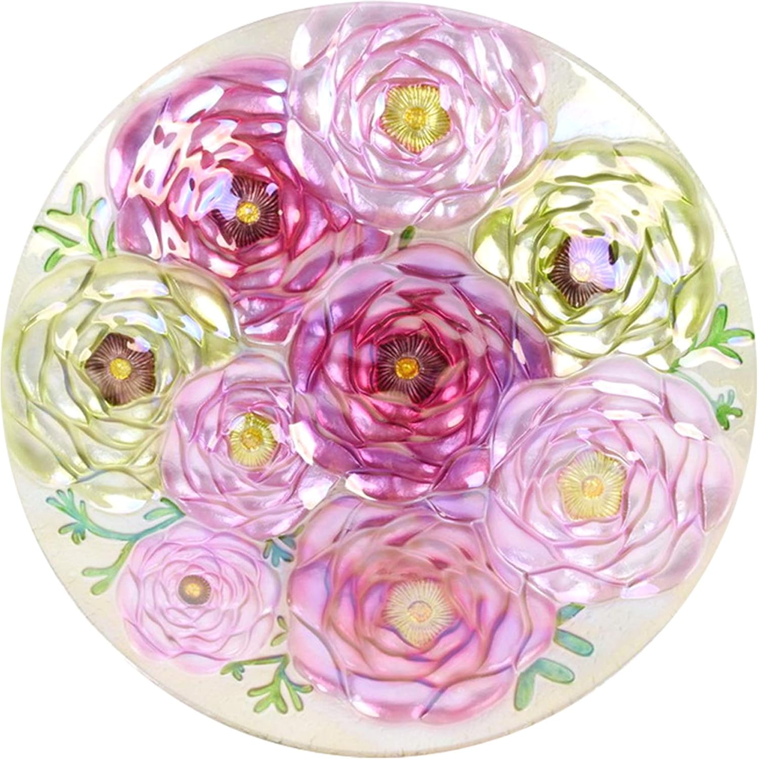 Continental Art Center Inc. CAC3222103 18'' Holographic Painted Pink and Yellow Flowers Glass, Bird Bath/Feeder, Fountain, Decorative Plate