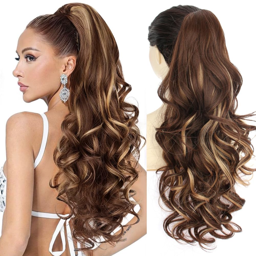 PORSMEER Ponytail Hair Extension Claw Clip in Ponytail Extensions Long Curly Wavy Ponytail Hair Extension Jaw Clip on Pony Tails Hairpiece for Women 26 inches (Chestnut Brown with Golden Highlights)