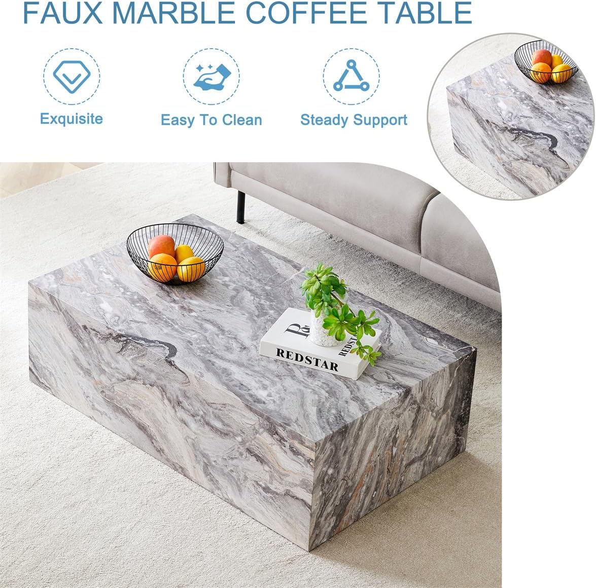 Coffee Table, Modern Faux Marble Living Room Table in Grey, Apartment