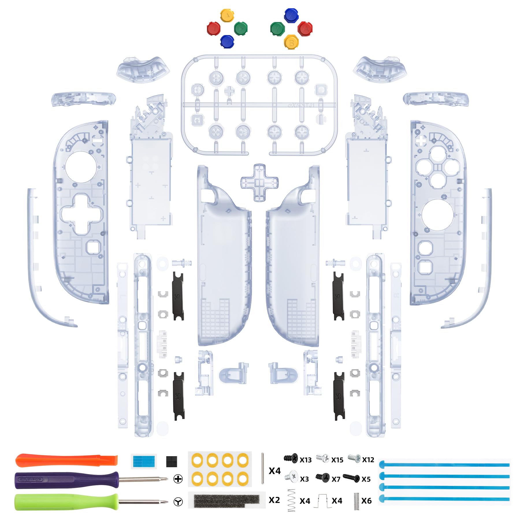 eXtremeRate Carcasa Transparente (Versión D-Pad) para Joycon 2, Kit Completo de Accesorios con Botones, Tiras Decorativas y Placa de Soporte para Nintendo Switch 2 - Versión Deluxe (Hielo Azul)