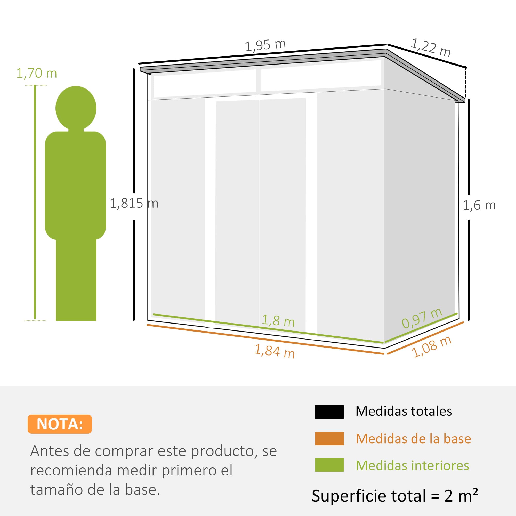 Outsunny Caseta de Jardín Exterior 2 m² 195x122x181,5 cm Gris Claro | 2 m², Cobertizo de Jardín Exterior Metálica, con Base SIN SUELO, 2 Puertas Correderas, Ventanas, Ganchos para Herramientas