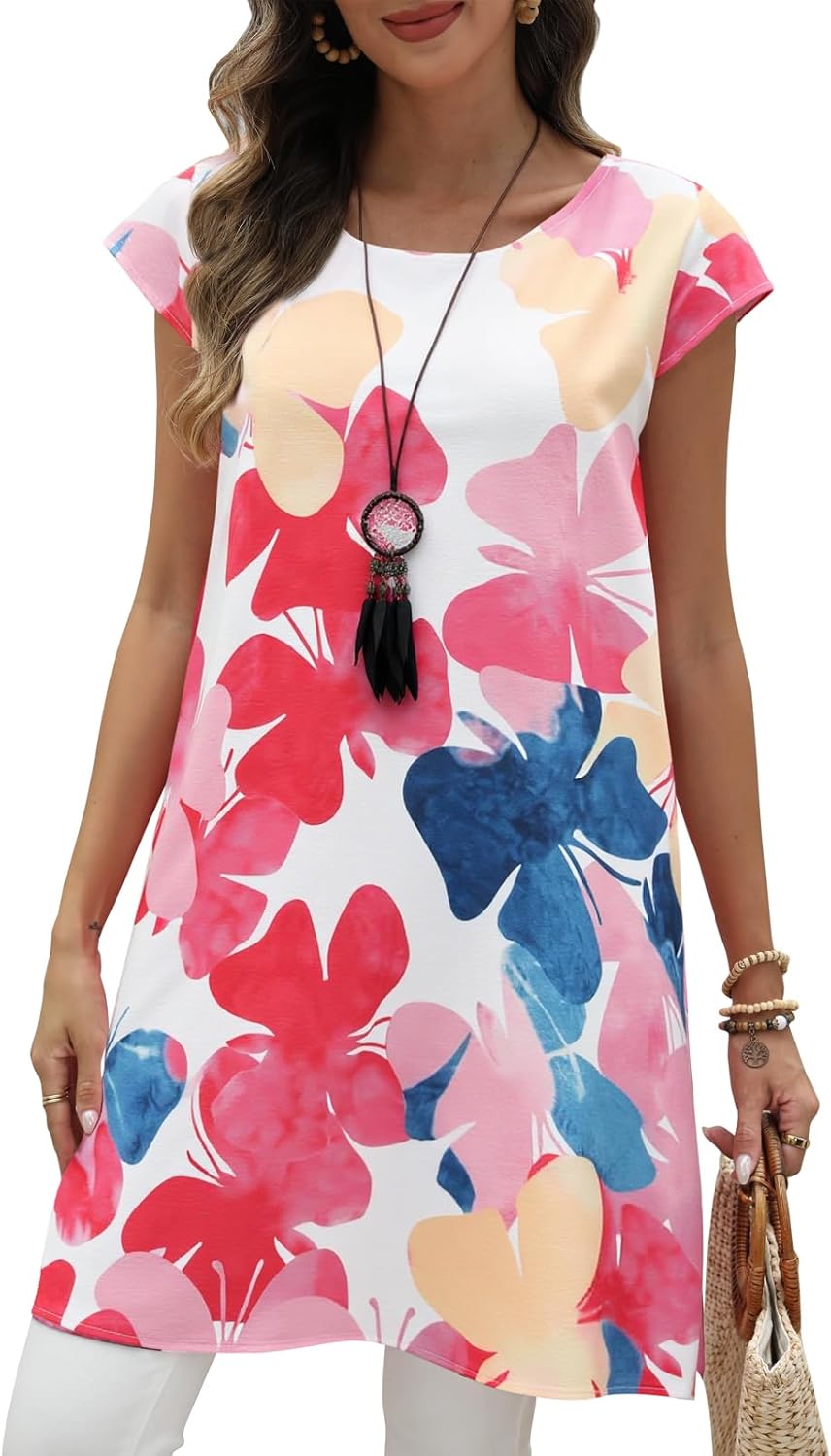 Womens Long Tunic Top Floral Printed Cap Sleeve Round Neck Loose Fit Pullover for Summer Casual Outfits