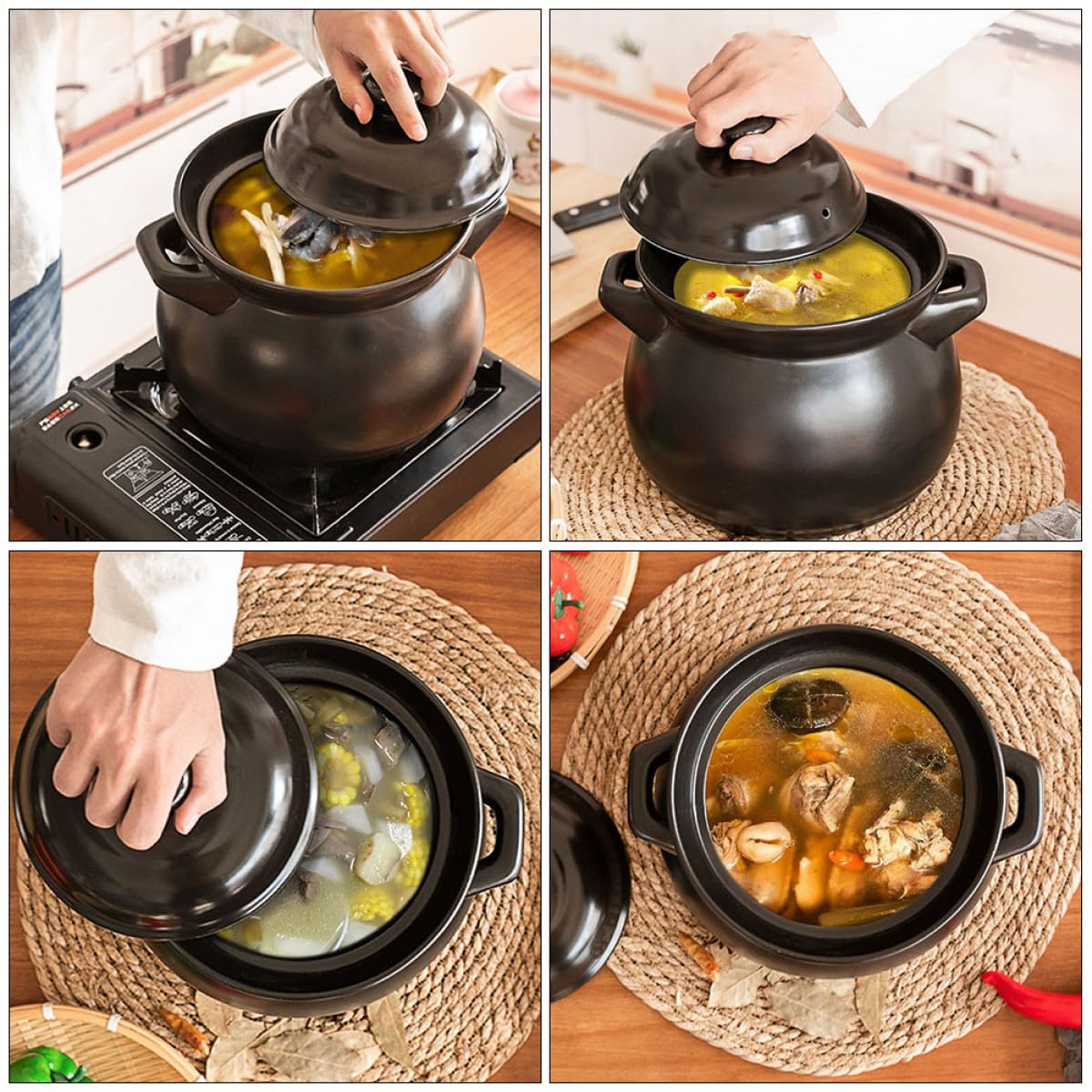 Beavorty Olla Mini de Barro Negra 1.1l Resistente al Calor para Estofado y Cocción a Fuego Abierto, Cazuela de Cerámica para Bebés y Cocina Casera