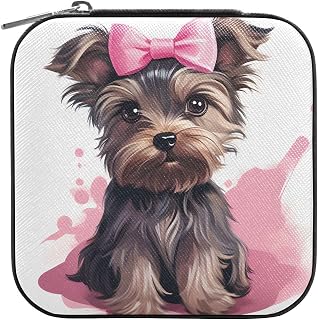 Travel Jewelry Case Watercolor Cute Schnauzer Dog with Pink Bow Tie Portable PU Leather Jewelry Storage Organizer