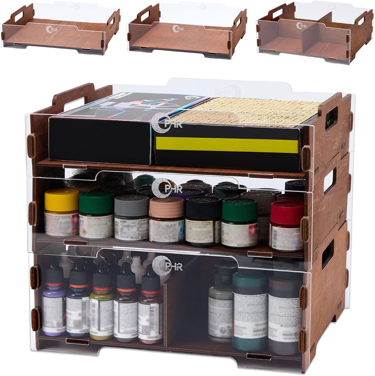 Paint Organizer Rack, 3-Layer Stackable Holder for 236 Paints & Tool | Wooden Paint Storage Rack with Acrylic Panel, Side Handles, for Miniature Painting, Wargaming, Model Building & Craft Desks