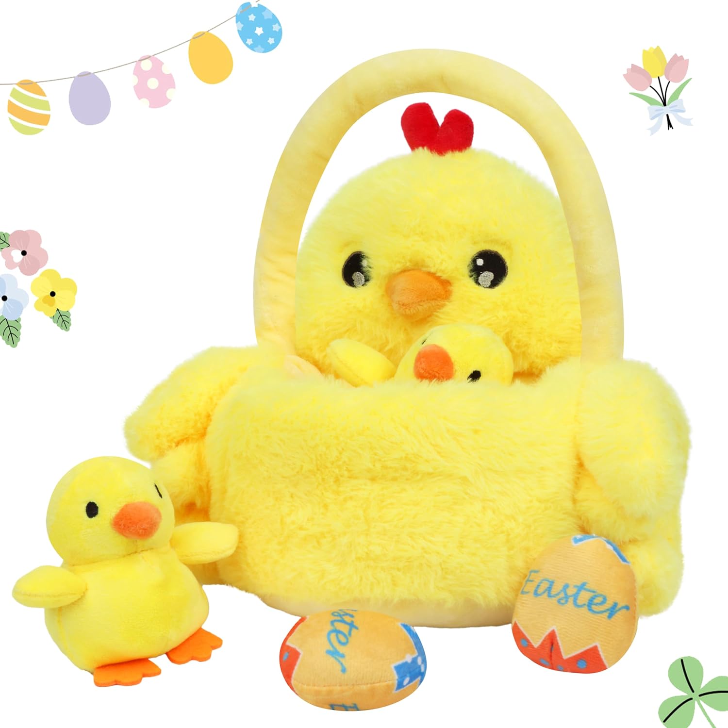 Cuteoy 4 Pcs Easter Chicken Basket Playset Hens Stuffed Animal Plush Toy with Egg Chick for Girls Boys Plushies Gifts