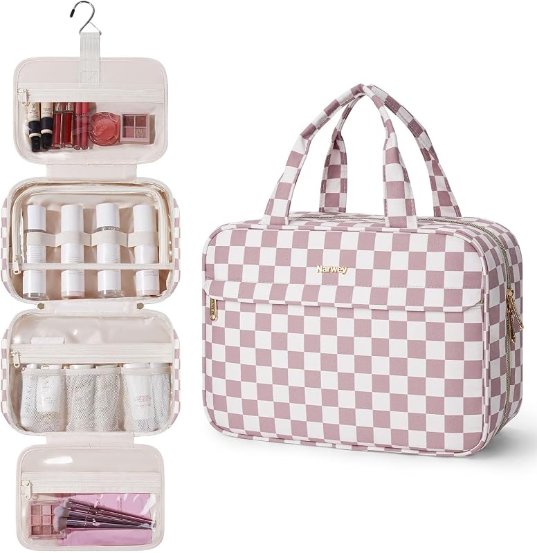 Necessaire de viagem suspensa Narwey com compartimentos e gancho, Dusty Pink Checkerboard, 1 unidade