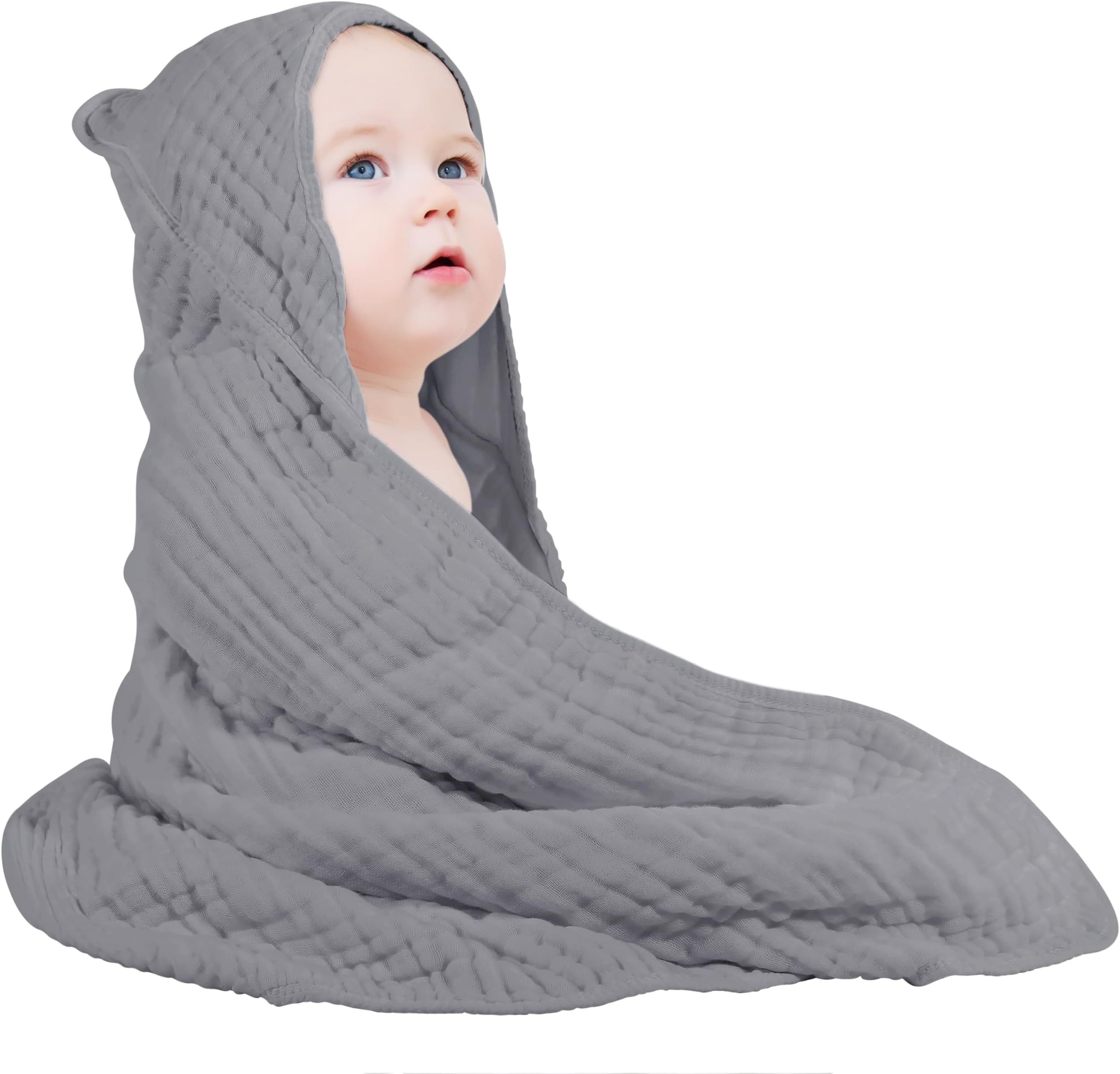 Yoofoss Hooded Baby Towels for Newborn 100% Muslin Cotton Baby Bath Towel with Hood for Babies, Infant, Toddler and Kids, Large 32x32Inch, Soft and Absorbent Newborn Essential,Grey