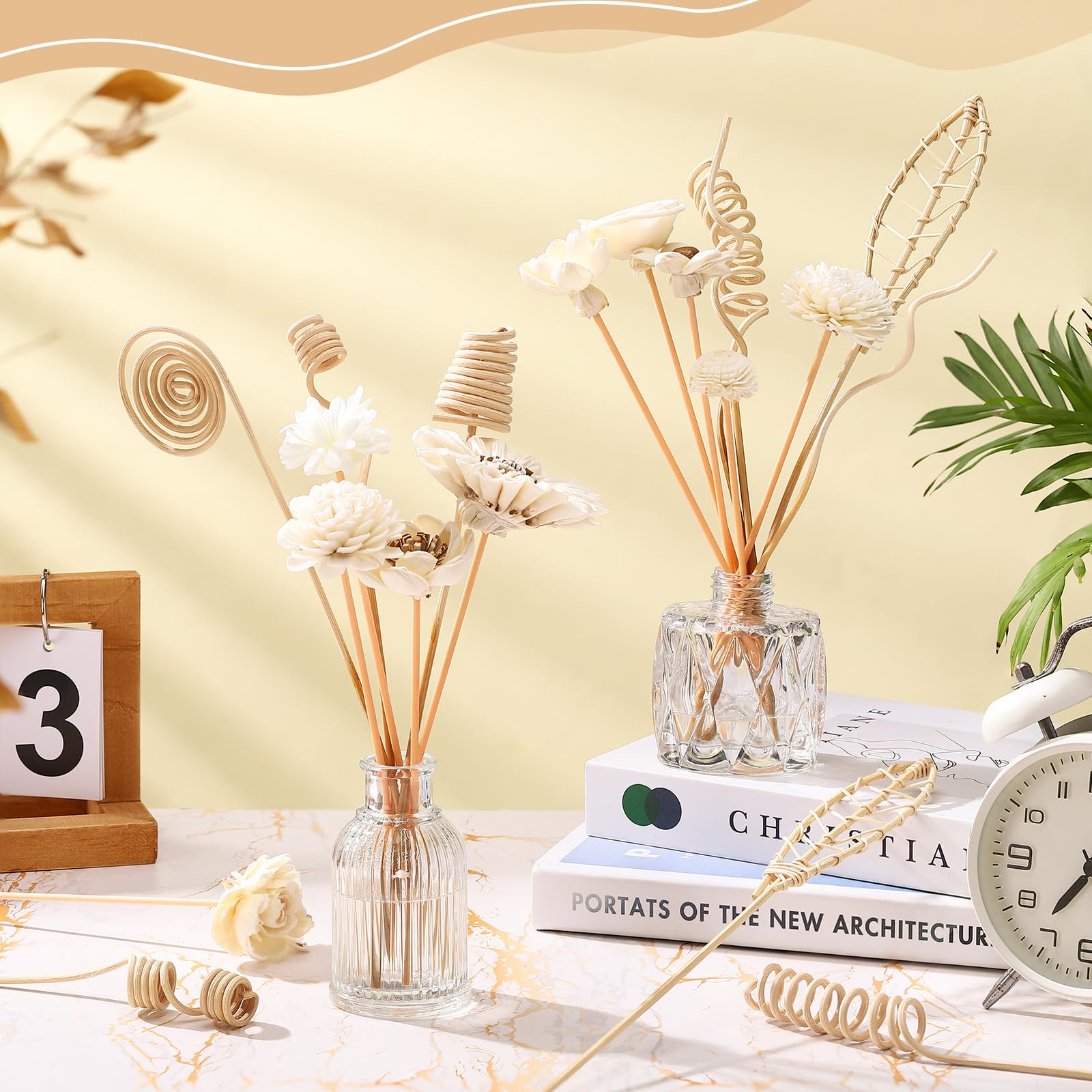 Cindeer Il set di 200 bastoncini per diffusori include 10 stili, 100 bastoncini di fiori in rattan naturale, 7 stili, 100 diffusori di fragranze miste in rattan, diffusore di fragranza di ricambio per