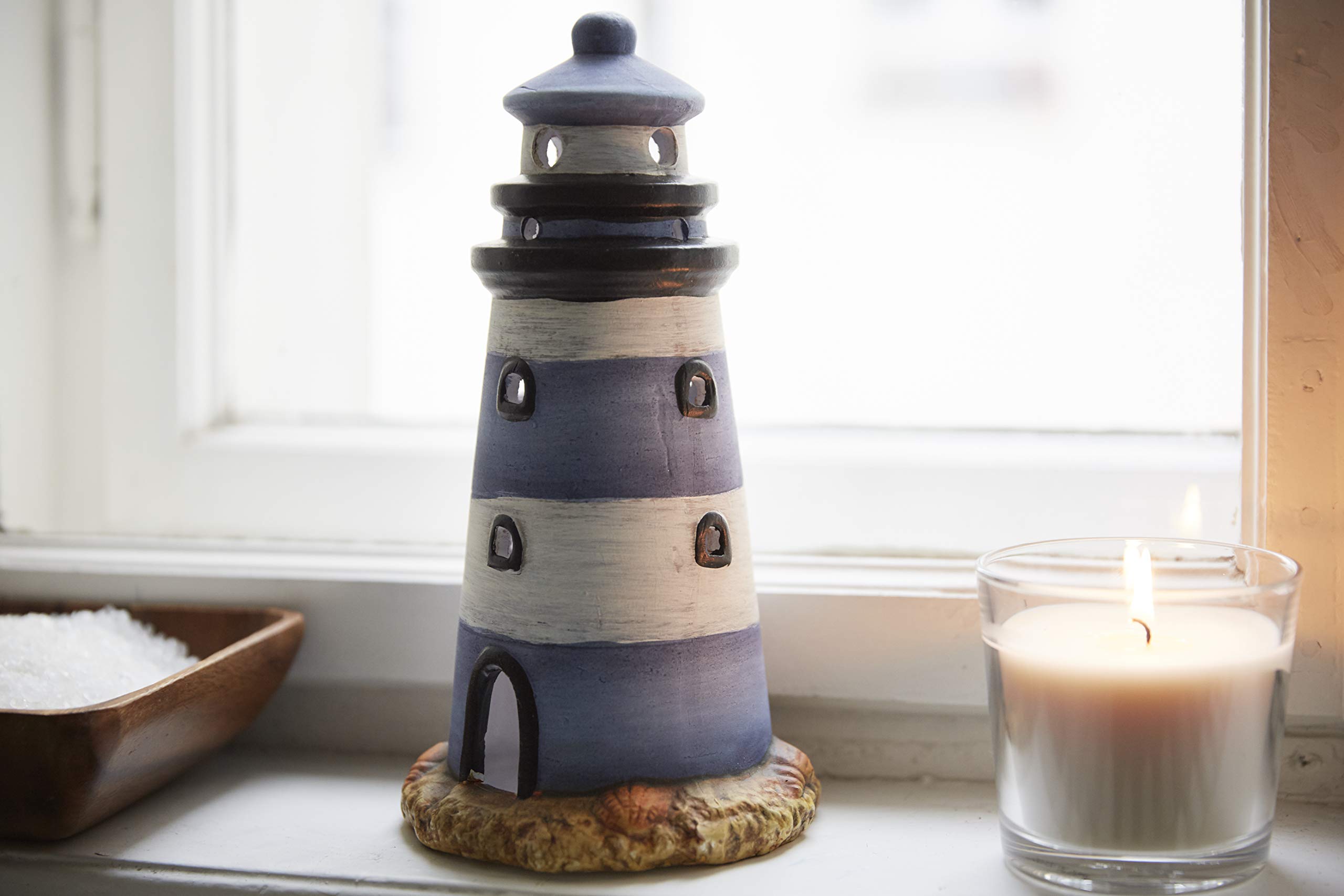 Portacandele A Forma Di Faro In Ceramica Heitmann Deco - Decorazione Marittima Per Tavolo E Soggiorno, 26cm Blu/Bianco - Foto 10