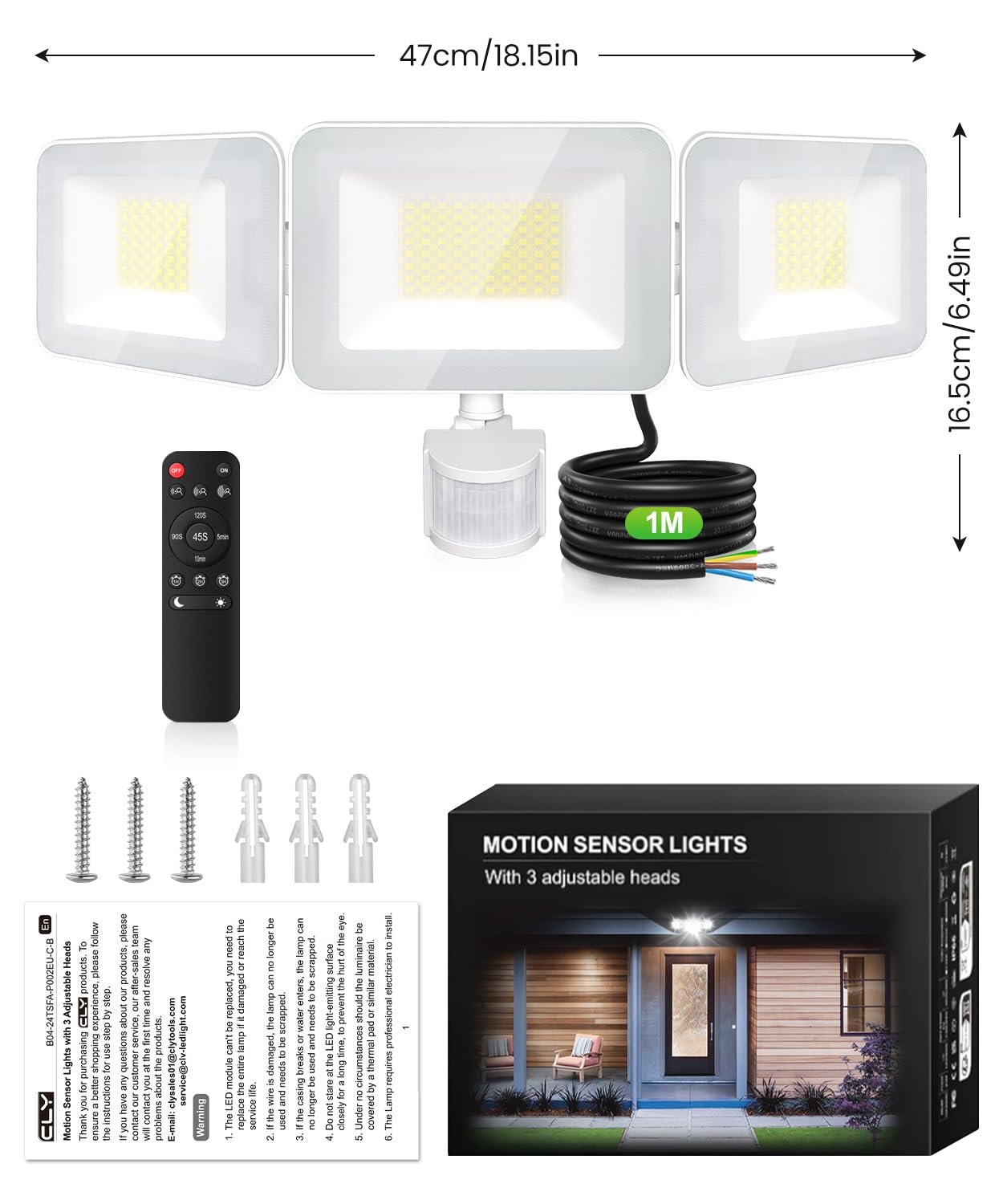 MEIHAU Faretto Led Da Esterno Con Sensore Di Movimento 100W 9600LM | Faretti Led Da Esterno Con Telecomando 3 Teste 270° Fari LED Esterno 6500K Faro Led Da Esterno IP66 Impermeabile Per Garage