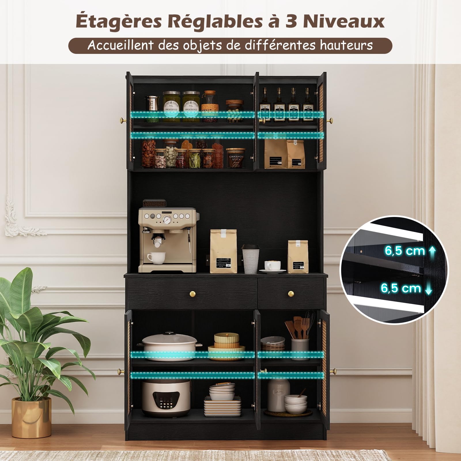 COSTWAY Armoire de Rangement, Buffet avec Vitrine, Station de Recharge, 6 Portes en Rotin, 2 Tiroirs, 4 Étagères Réglables, Buffet Bohème Indépendant pour Salon, Salle à Manger (Noir)