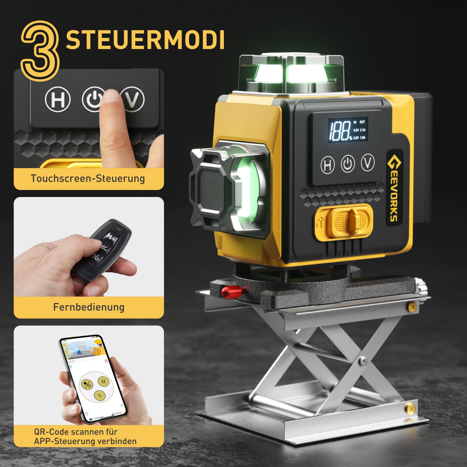 Geevorks Laser Wasserwaage 4D Kreuzlinienlaser Profi-Set | 16 Linien Selbstnivellierend, 25m Reichweite mit Stativ | 2 * 2400mAh Akku + Fernbedienung & Wandhalterung IP54
