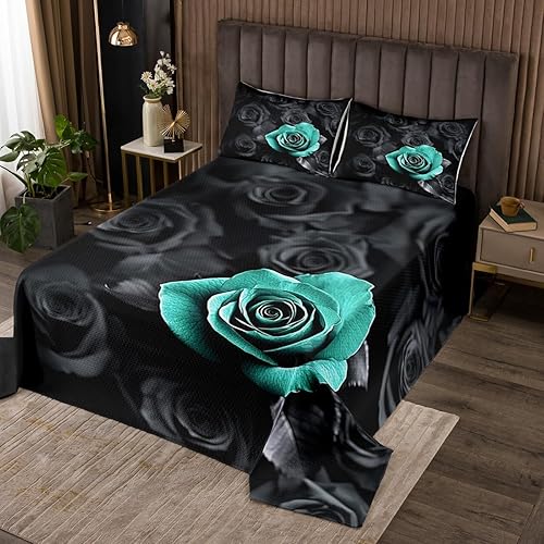 Erosebridal Juego de colcha romántica floral de rosas negras y verde azulado, juego de colcha de rosas 3D para dormitorio de mujeres y niñas,