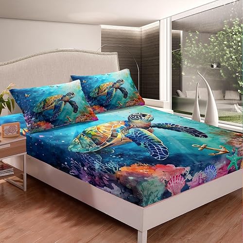 Miniatura 4 de Erosebridal Juego de sábanas tamaño matrimonial de tortuga marina de dibujos animados, sábanas de teñido anudado arco iris, juego de sábanas