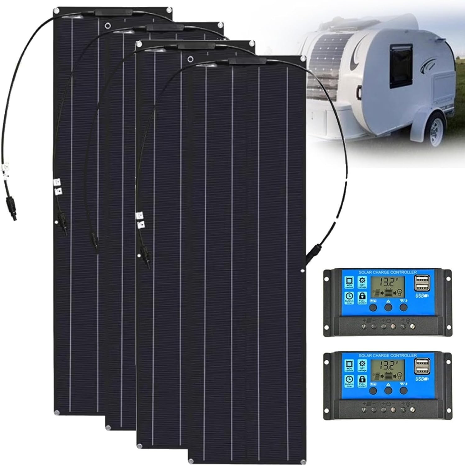 GZGHRZQS Monocrystalline Solar Panel Kit 200W/400W/800W Ultra-Thin, Flexible Solar Panels Alternative 12V-24V ETFE Panels With 40A Controller, For Family, Caravan, Boat
