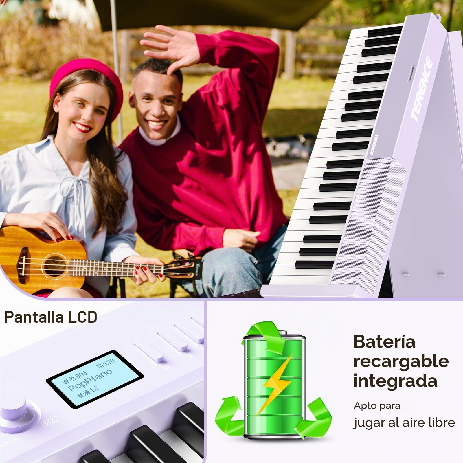 TERENCE Piano Plegable de 88 teclas con batería de 1800mAh 2x5W Altavoces Pedal Piano Bluetooth interfaz MIDI soporte para partituras bolsa adhesiva cable de audio pedal piano púrpura
