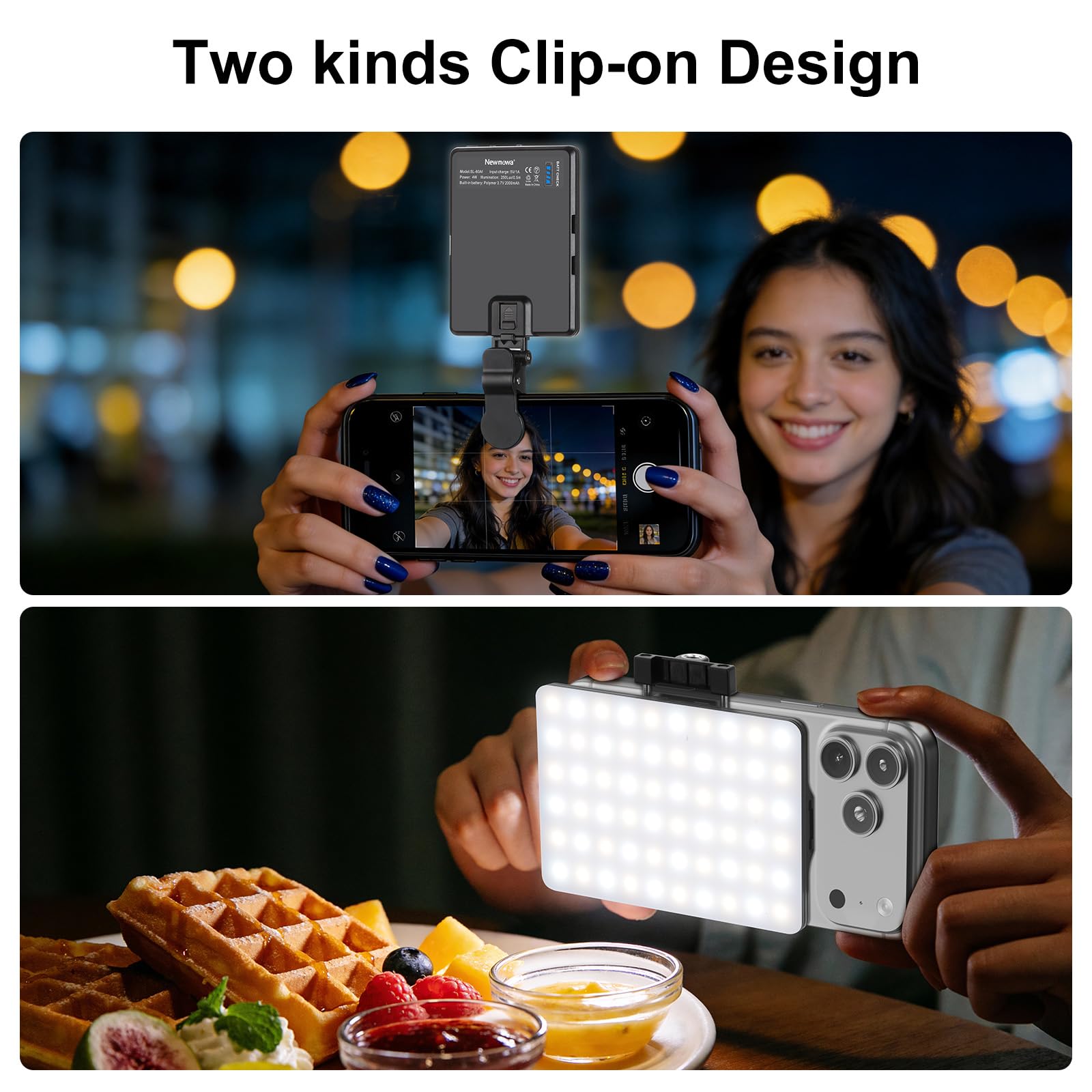 Newmowa 60 LED High Power Rechargeable Clip Fill Video Conference Light with Front & Back Clip, Adjusted 3 Light Modes for Phone, iPhone, Android, iPad, Laptop, for Makeup, TikTok, Selfie, Vlog