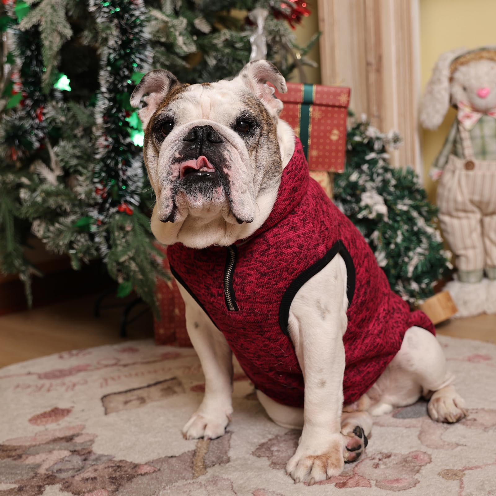 ROZKITCH Suéter para perro, chaqueta para perro con forro polar, abrigo de punto para perros pequeños con apertura de cremallera para arnés, chaqueta de forro polar para perro, cuello ajustable,