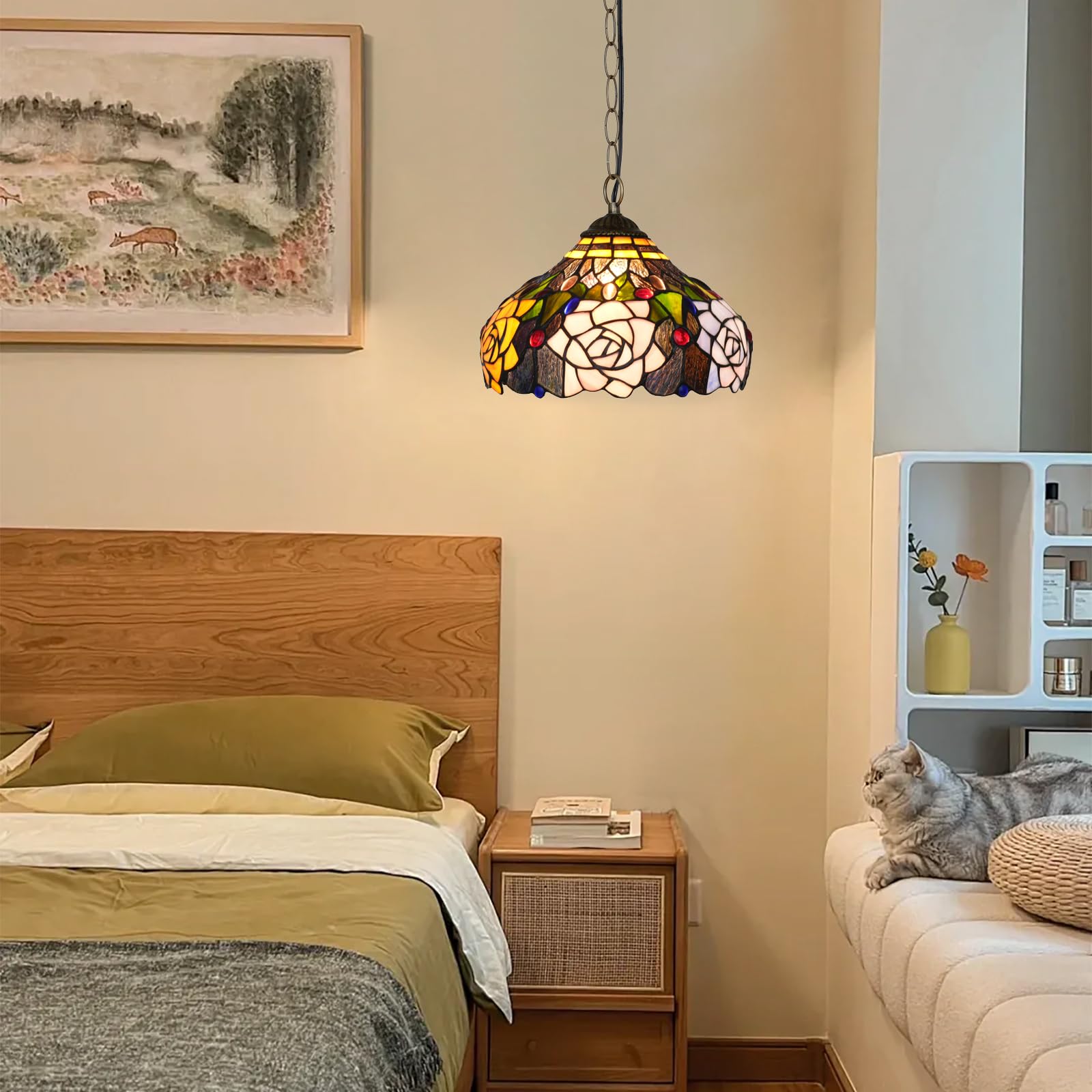 Tiffany Pendelleuchte Rose Blumen Buntglas Hängelampe 12 Zoll Antik Stil Plug in Licht für Haus Küche Insel Esszimmer Wohnzimmer Flur Theke Bar