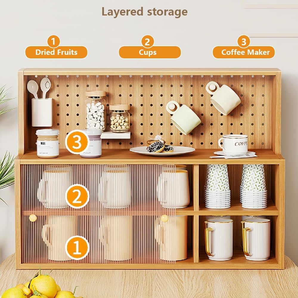 Wooden Countertop Cup Storage Cabinet with Sliding Doors, Desktop Mug Organizer Rack, Tea & Coffee Station Display Shelf with Pegboard Back for Kitchen and Dining Table(White,26.4*9.8*24.0in)