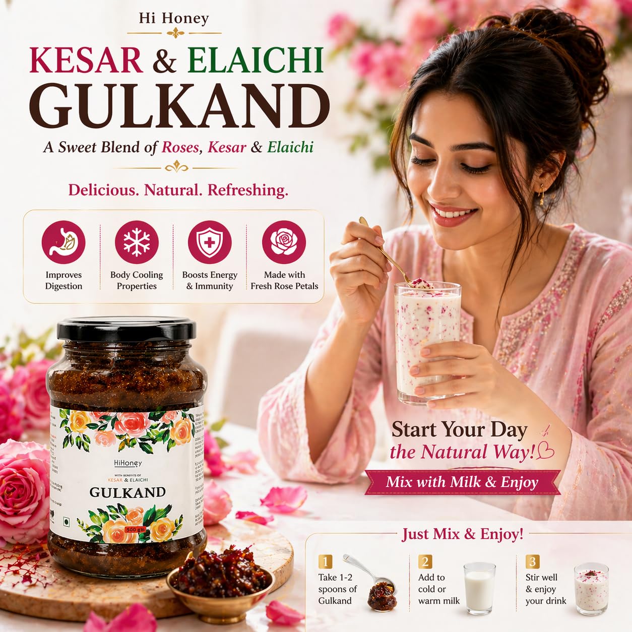 Hi Honey Natural Organic Gulkand 500g | Sun-Cooked Damask Rose Petals & Rock Sugar | Kesar Elaichi Infused | Ayurvedic Digestive & Natural Body Coolant | No Artificial Flavors