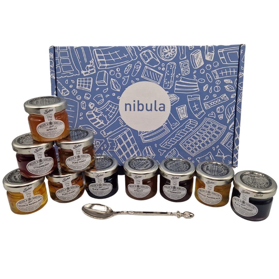 Luxury Jam and Marmalade Selection Hamper | Nibula Treats | Includes 10 Mini Jars of Preserve, Marmalade and Honey and a Jam Spoon | Ideal for Men and Women!
