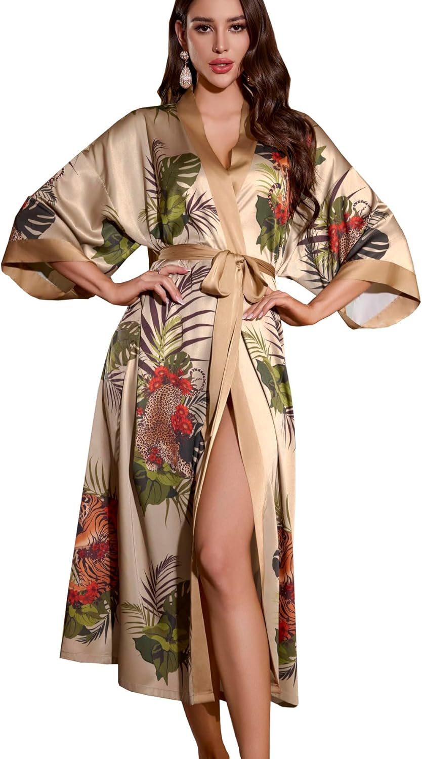 Daiwor Kout Silk Satin Robe for Women Long Kimono Floral Lightweight Bathrobe Soft Thin Ladies Luxury House Robes